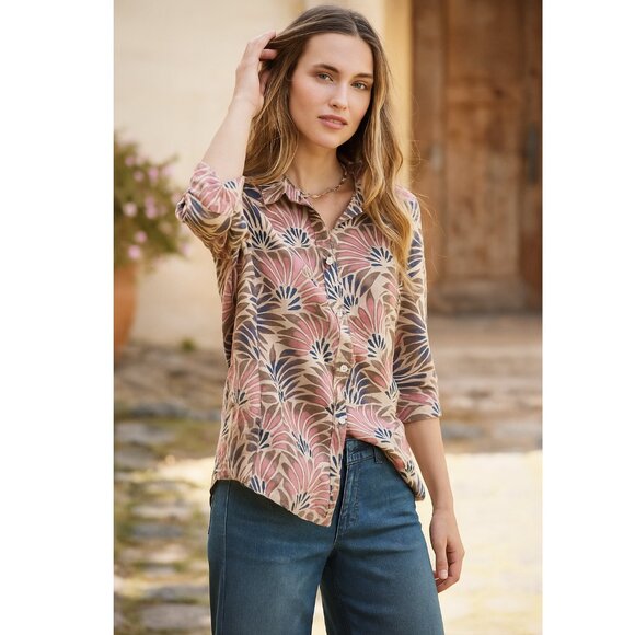 Women's Large Floral Button Up Shirt  3/4 Sleeve Linen Rayon Boho Print Blouse - Picture 1 of 7